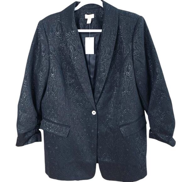 NEW LOGO Lavish Size L Metallic Jacquard Blazer Jacket Black Ruched Sleeve - Picture 1 of 12